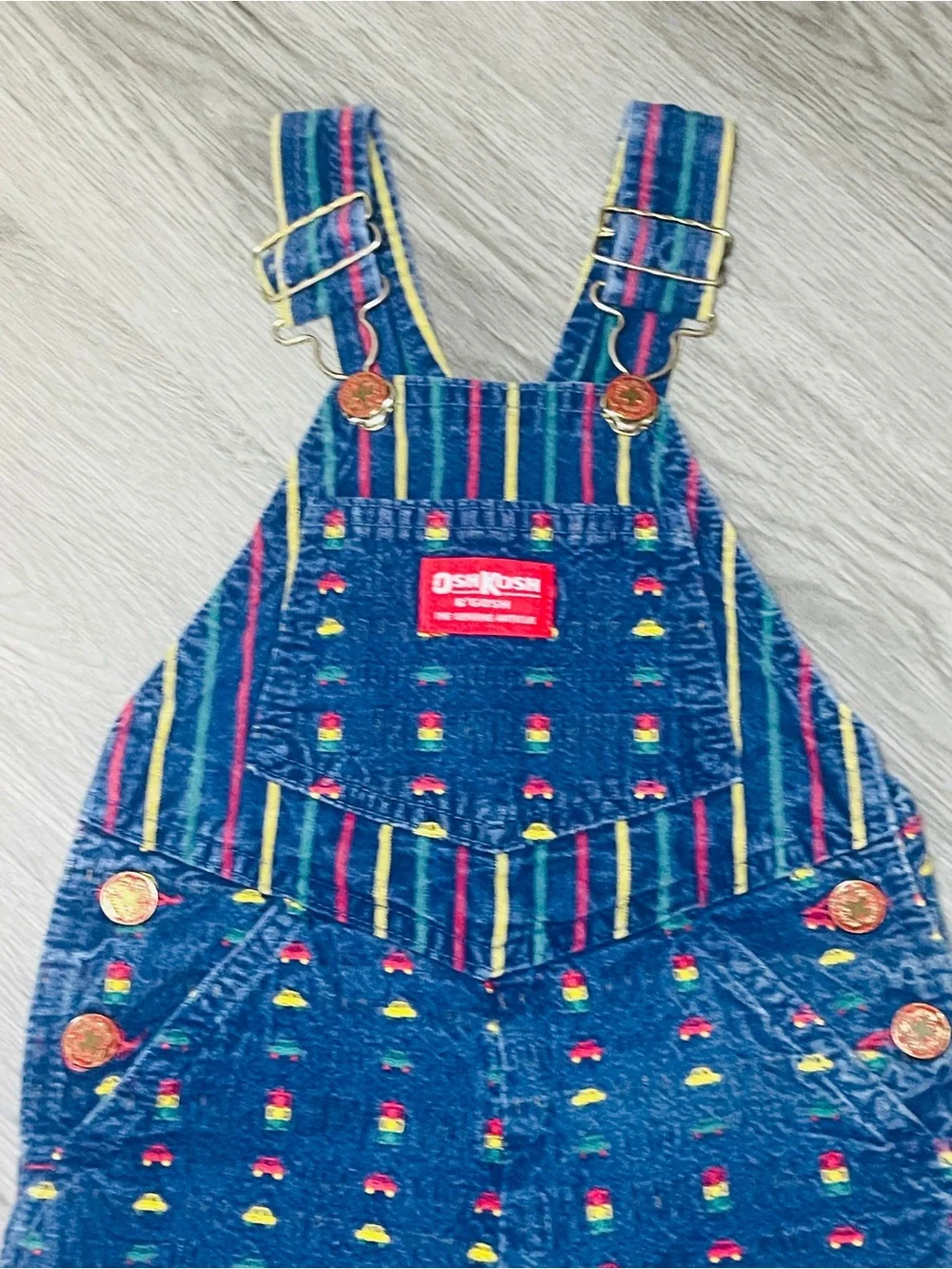 Vintage OshKosh B’gosh Colorful Novelty Print Overalls 2T Trucks Cars Stripes